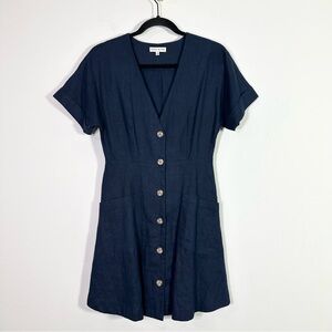 Moon River Navy Blue Button Front Short Sleeve A-line Mini Shirt Dress